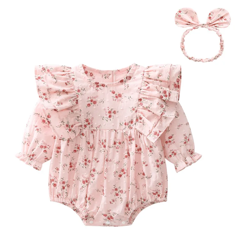 

Baby Summer Clothing Infant Newborn Baby Girl Bodysuit Long Sleeve Ruffled Jumpsuits With Headband Cute Floral Romper 2pcs