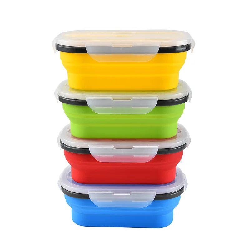 Складной силиконовый складной квадратный Bento Box с двойной сеткой Портативный