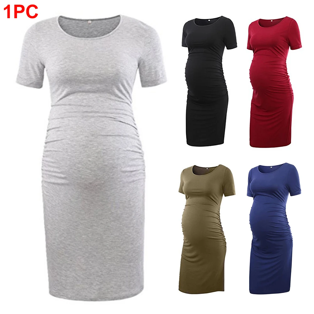 Для женщин однотонные до колена облегающий короткий рукав гофрированная летние