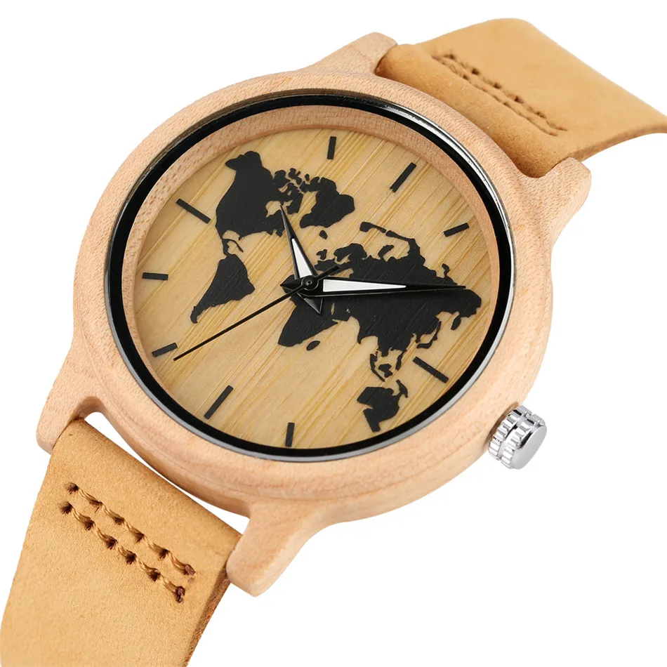 

REDFIRE Printing World Map Round Dial Women Maple Wood Watch Quartz Movement Brown Genuine Leather Watch Band Stylish Lady Clock