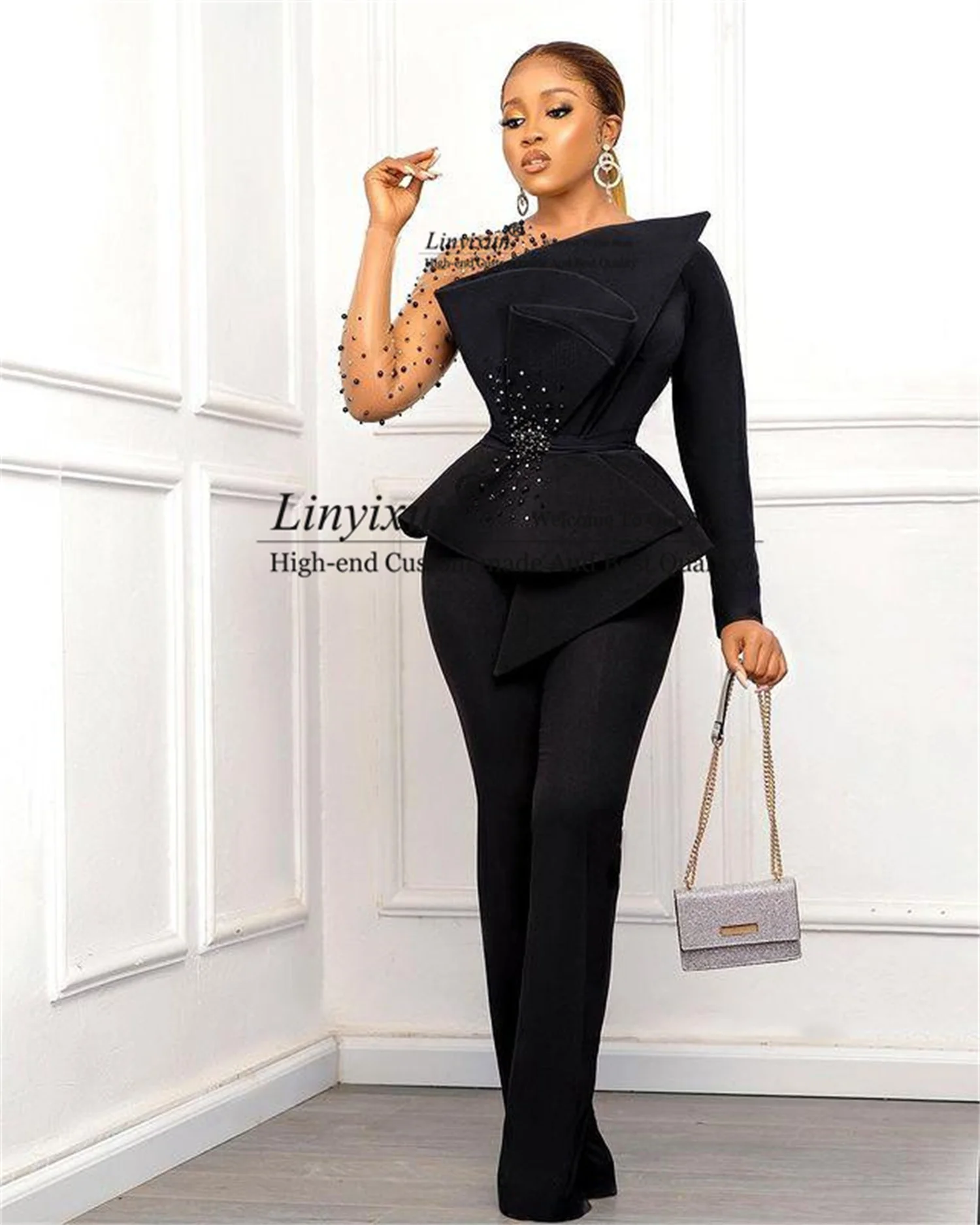 

Sexy Arabic Black Mermaid Prom Dresses Sheer Neck Beaded Pearls Jumpsuits Formal Evening Party Gowns Long Sleeve robes de soirée