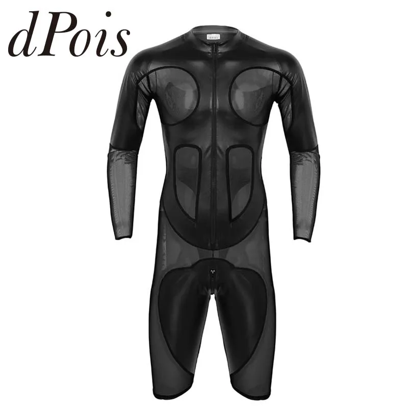 Мужской Цельный сетчатый комбинезон из искусственной кожи мягкие боксерские