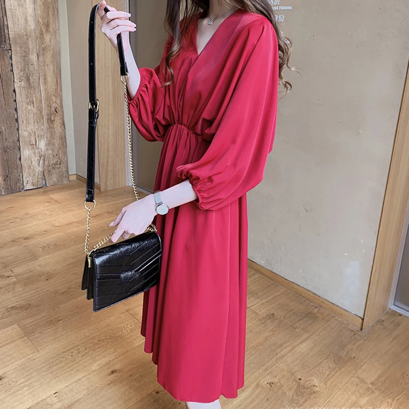 Модное однотонное женское платье с V-образным вырезом весеннее элегантное