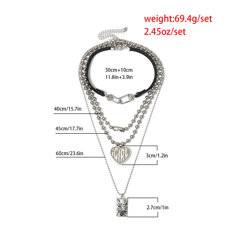 

Gothic Multilayer Heart Flower Pendant Necklace Set Steampunk Leather Choker Necklace Chunky Beaded Chain Necklace Accessory