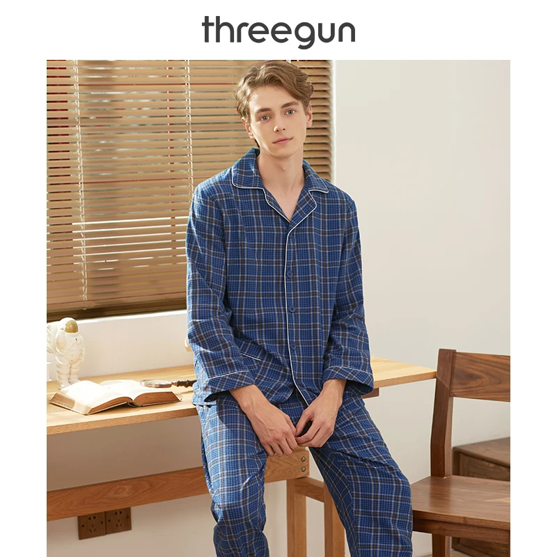 Штаны для сна THREEGUN, мужские клетчатые штаны, клетчатая Пижама, 100 хлопок, повседневные пижамы, домашняя пижама, брюки, одноцветная нижняя часть, XXXL
