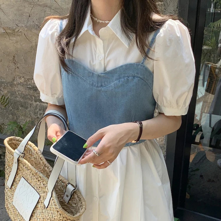 

Korean Shirt Dress Lace Up Suspender Denim Vest Bubble Short Sleeve Women