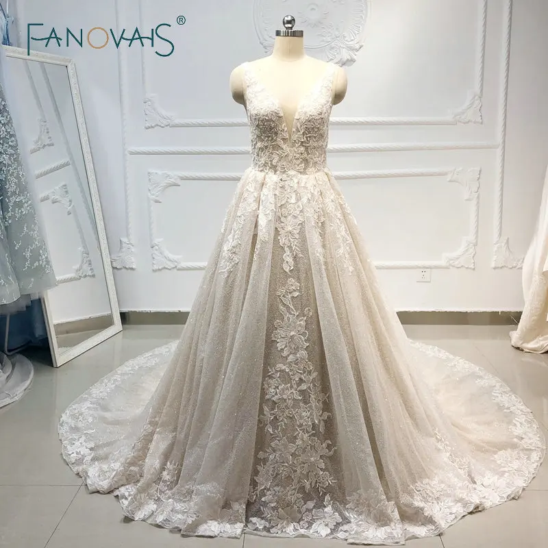 Champagne Ball Gown Wedding Dress 2019 Deep V Lace Beading Luxury Bridal Gowns Long Train vestido de novia robe mariee | Свадьбы и