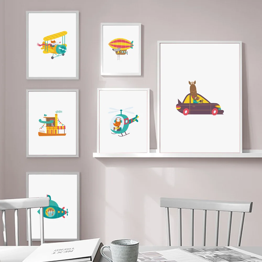 Мультяшный Лев лиса животное автомобиль самолет лодка скандинавские плакаты и