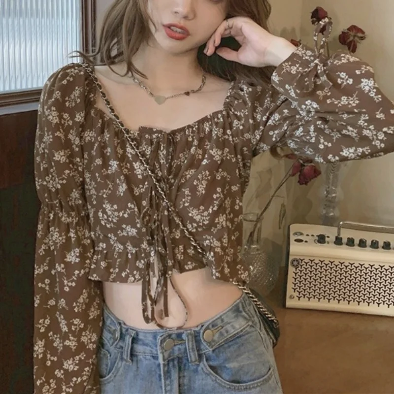 

2021 Elegant Sweet Floral Female Blouse Print Beach France Casual Sexy Shirts Women Strappy Korean Chic Summer Clothes for Women