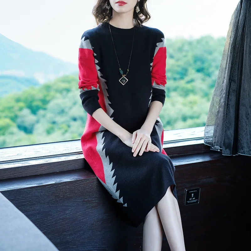 Knitted Long Sweater Dress Female 2021 Autumn Winter New Contrast Color Loose Large Size Women Pullover Sweaters Dresses L4114 | Женская