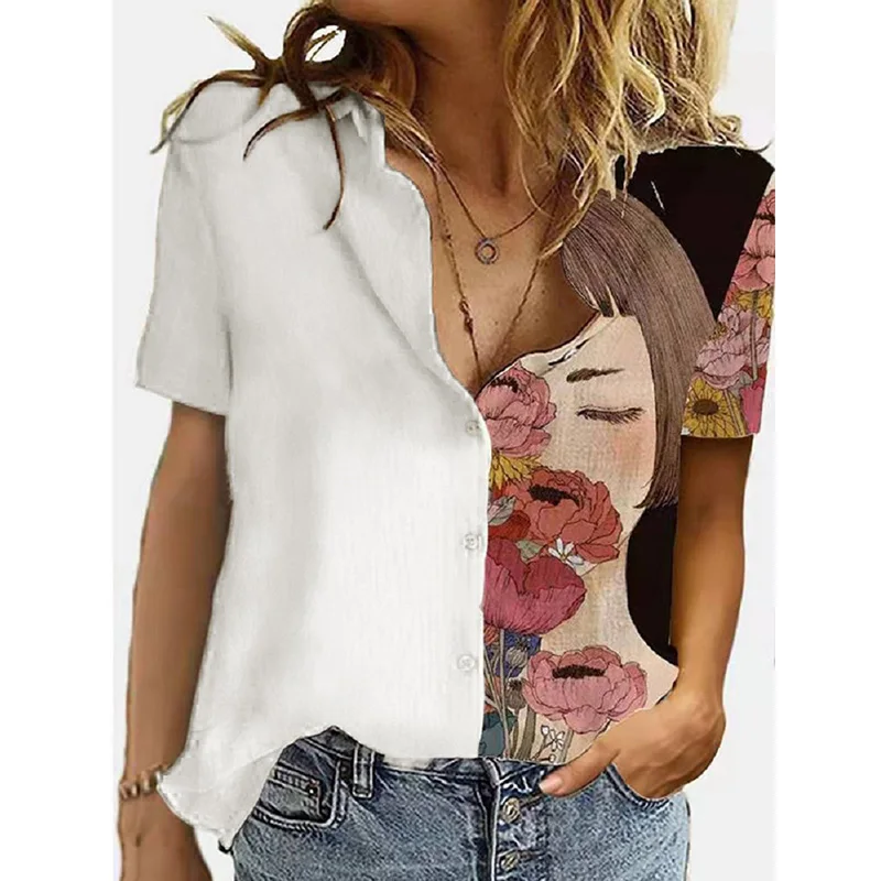 

2021 Digital Printed Short Sleeve Tee Shirts Women Spring Summer Casual Loose Button Harajuku Party Tshirt Tops Vintage