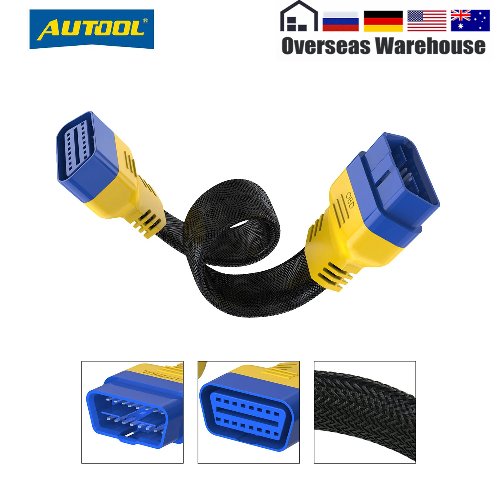 AUTOOL OBD2 II 16Pin штыревой к женскому автомобильному удлинительному кабелю для