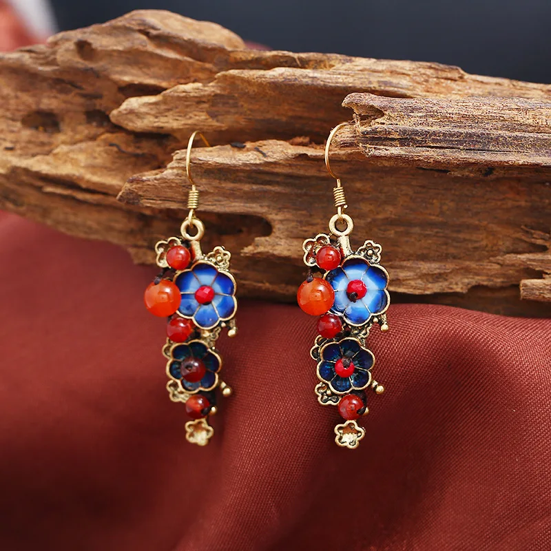 

European and American Bohemian Retro Alloy Beaded Tassel Earrings Bohemian Palace Hollow Handmade Agate Wholesale