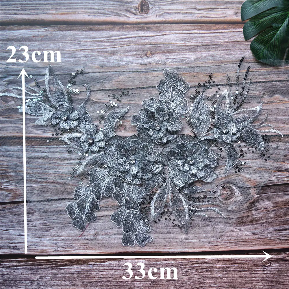 Серый 3D цветок ткань из листового Кружева Блестящие Стразы вышитая одежда