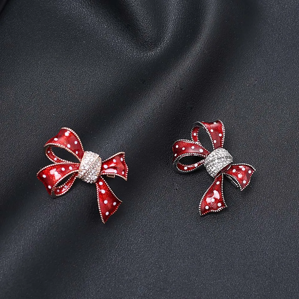 1pc Lovely Red Bow Bowknot Brooch Silver Color Inlay Full Tiny Crystal Enamel Brooches For Women Fashion Jewelry | Украшения и