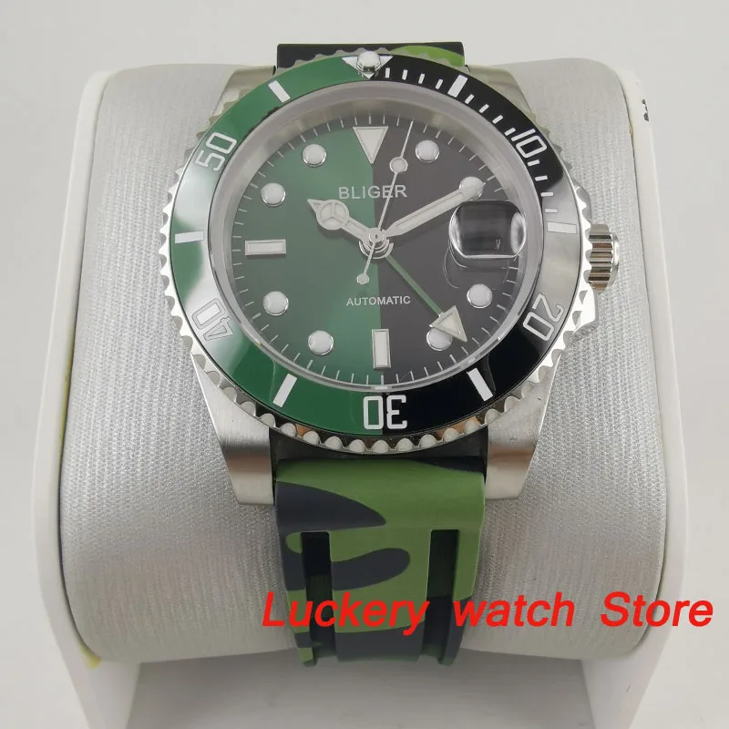 Роскошные часы 40 мм bliger с зеленым и черным циферблатом светящиеся стекло saphire