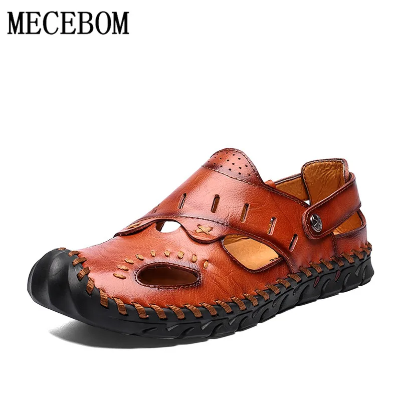 Мужские кожаные сандалии темно-синие однотонные на плоской подошве Повседневная