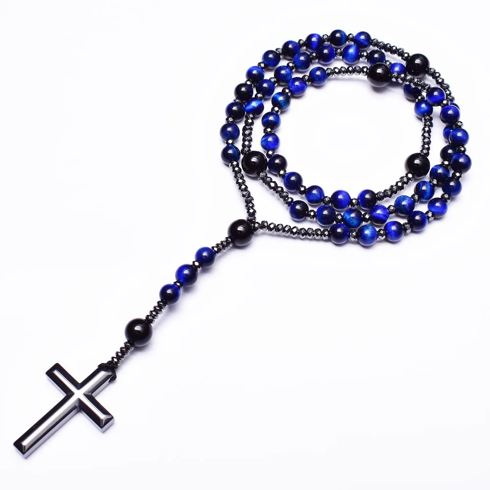 Натуральный камень темно-синий тигровый глаз оникс Розарий с крестом гематит