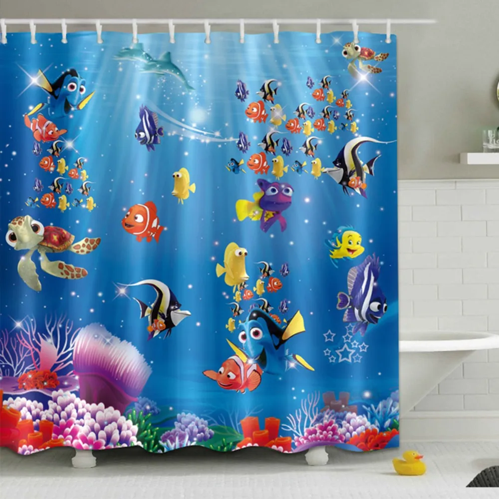 

Забавная мультяшная занавеска для душа с морской рыбой, водонепроницаемая сверхдлинная ткань из полиэстера для детской ванны