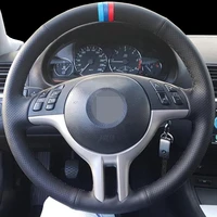 diy black genuine leather wear resistant hand sewn car steering wheel cover for bmw e39 e46 325i e53 x5 x3 3 color stripes