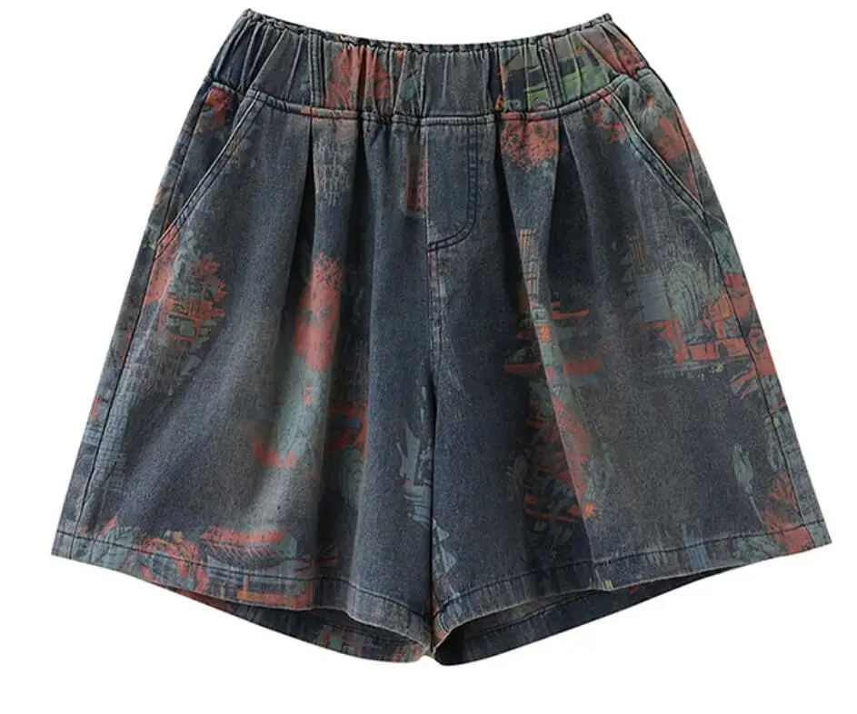 

Women Vintage Printed Denim Shorts 2021 New Summer Elastic Waist Casual Loose Pocket Jeans Shorts s863