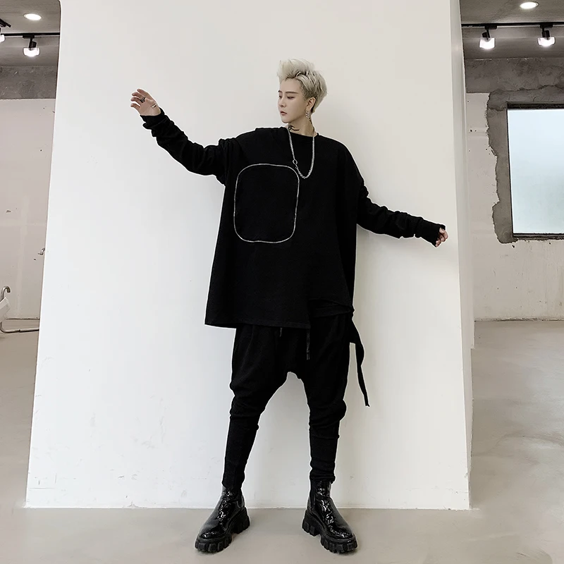 IEFB / Men's Clothes 2020 autumn Hip-hop Personality Hem Zipper Decoration Loose Long Sleeve T-shirt Big Size 9Y432 | Мужская одежда