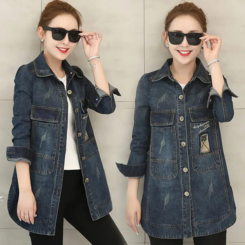 

Plus Size S-5XL Spring Women Cowboy Coat Oversized Women Denim Jacket Korean Loose Leisure Medium long Autumn Denim Coats Female