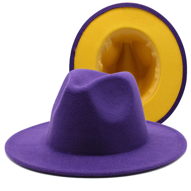 Winter New Purple Yellow Patchwork Wool Felt Jazz Fedora Hats with Belt Buckle Men Women Wide Brim Panama Cowboy Trilby Hat