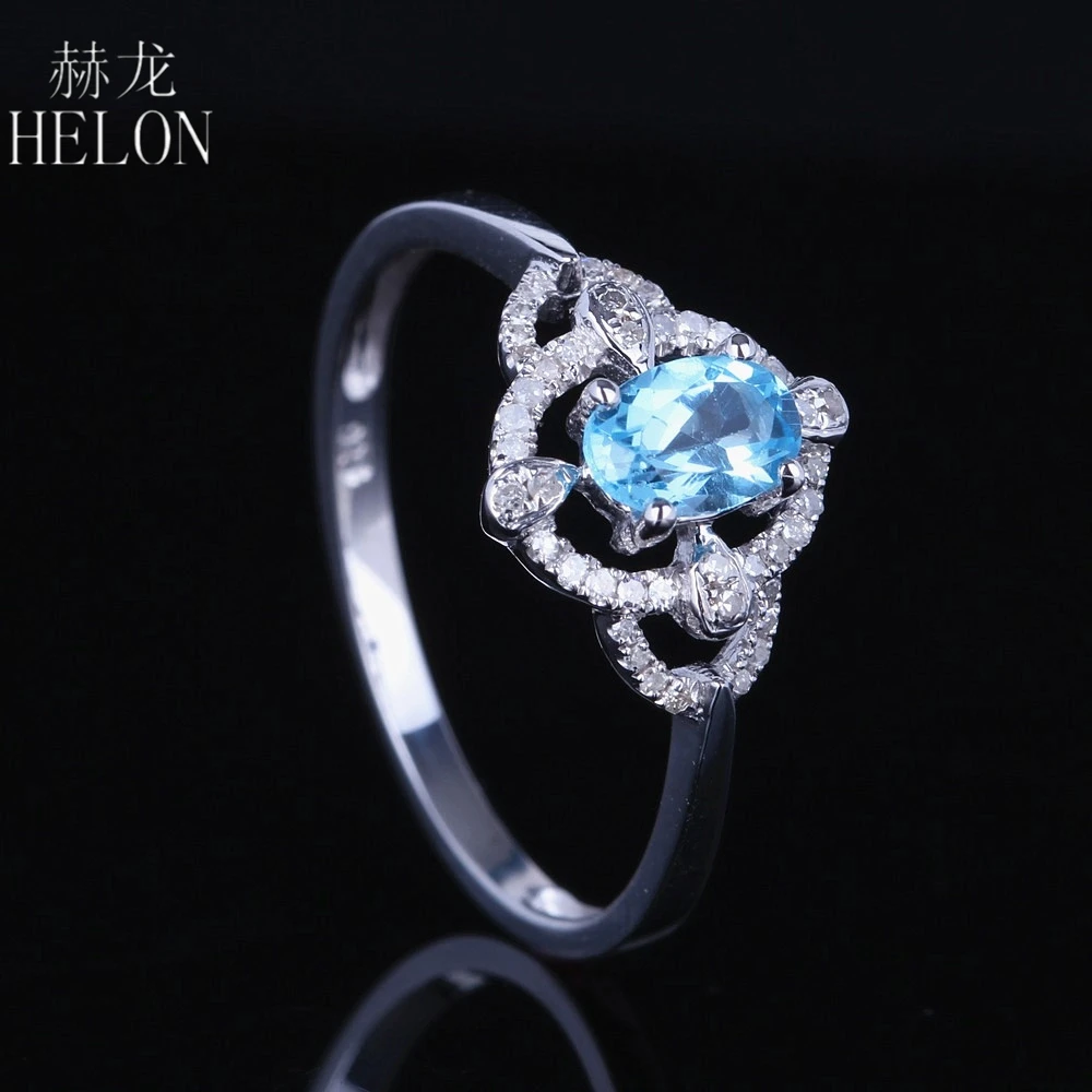 

HELON Solid 10K White Gold Flawless Oval 4x6mm Genuine Natural Blue Topaz & Diamond Engagement Wedding Women Trendy Jewelry Ring