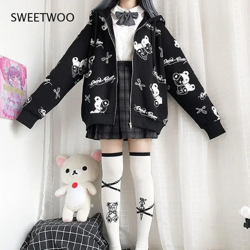 

Gothic Sweatshirt Women Kawaii Fashion Autumn Winter Women Hoodies Cute Long Sleeve Zip Up Hoodie Plus Velvet Pullover
