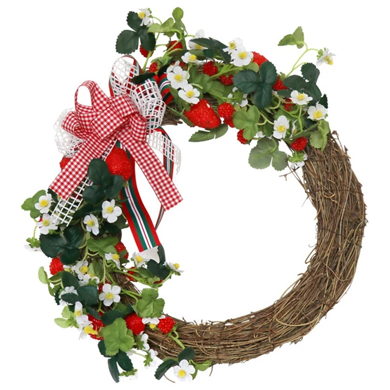 

Artificial Strawberry Ribbon Bow Wreath, Christmas Wreath for Front Door Wedding Wall Window Farmhouse Home Decoration