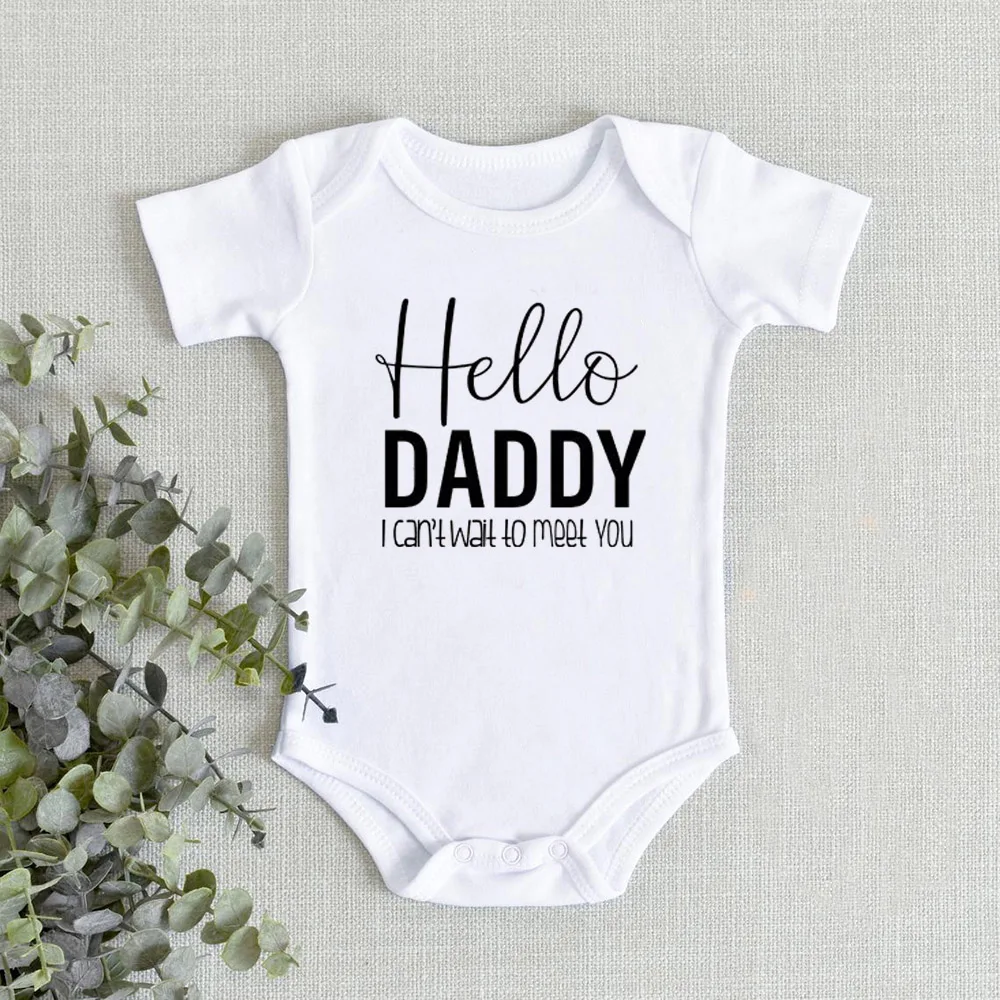 

Hello Daddy I Can't Wait To Meet You Newborn Baby Summer Short Sleeve Bodysuits Pregnancy Announcement Baby Reveal Onesies