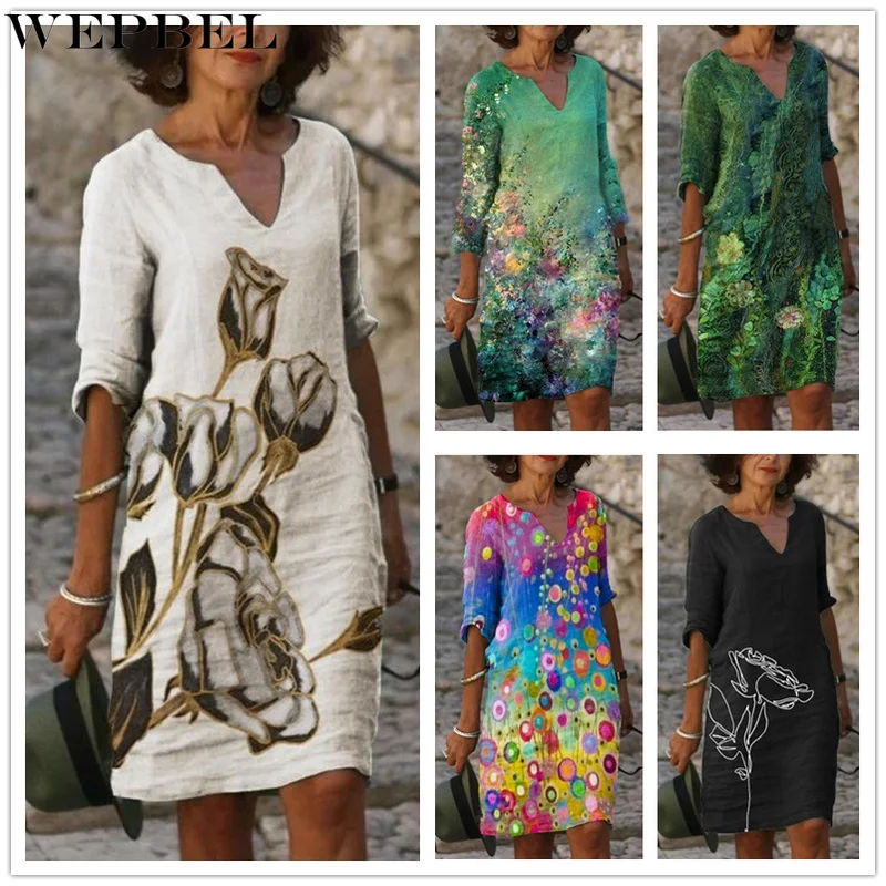 

WEPBEL женские ботильоны в ретро стиле, Цветочный принт с коротким рукавом V образным вырезом элегантное платье повседневные приталенные летн...