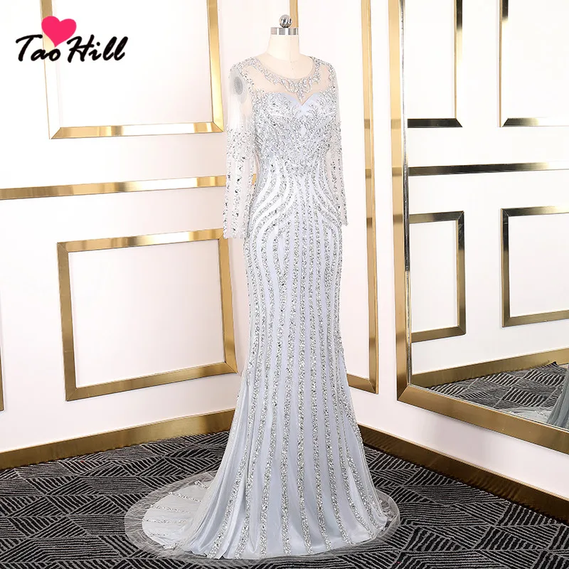 Женское вечернее платье с длинными рукавами TaoHill серебристое бусинами и