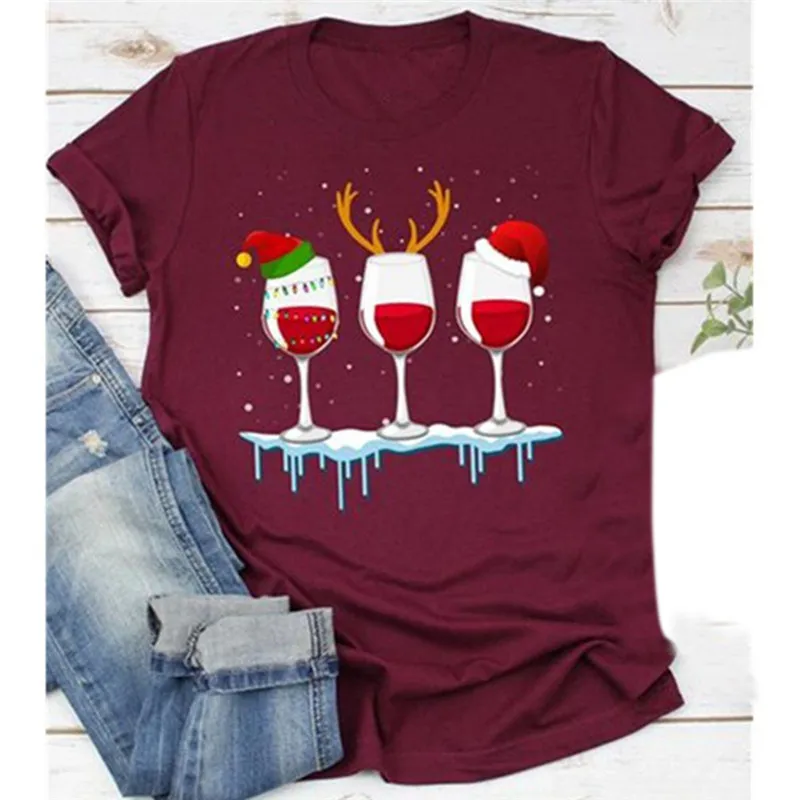 

Women Christmas T Shirt Funny Christmas Wine Glass Santa Claws Printed Loose T Shirt Short Sleeve Cute Tees Female Graphic Tops