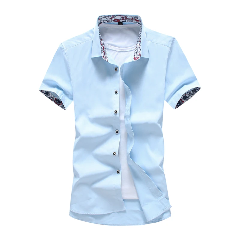 

2018 Summer New Men'S Sweaters Handsome Casual Short Sleeved Shirt Neckline And Cuffs Floral Decoration Solid Color Slim Shirt