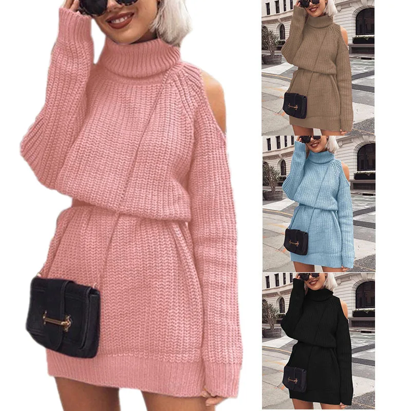 2019 Autumn New Women's Sweaters Long Turtleneck High Collar Off-shoulder Knitted Dresses Tricot Sweater Dress Women Winter Clot | Женская