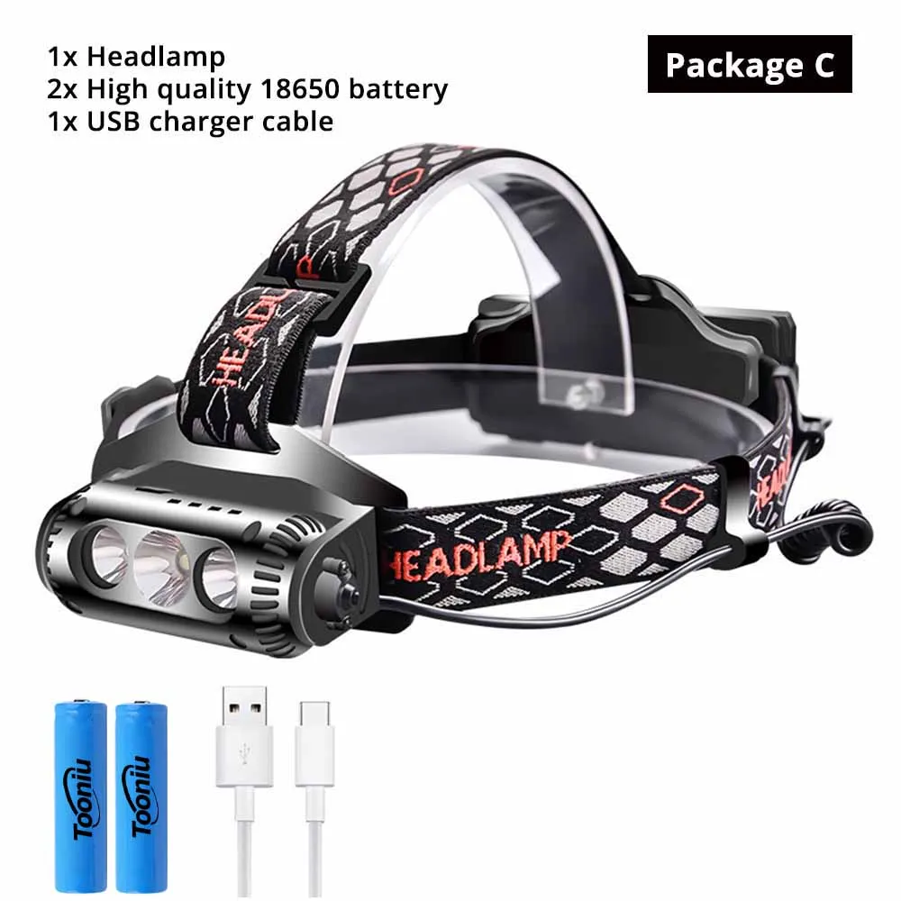 Package C Супер яркий светодиодный налобный фонарь USB зарядка галобный фонарь COB мультиисточник света 8 режим света с хвост, предупреждение света с помощью аккумулятора 18650 - Испускаемый цвет: Package C