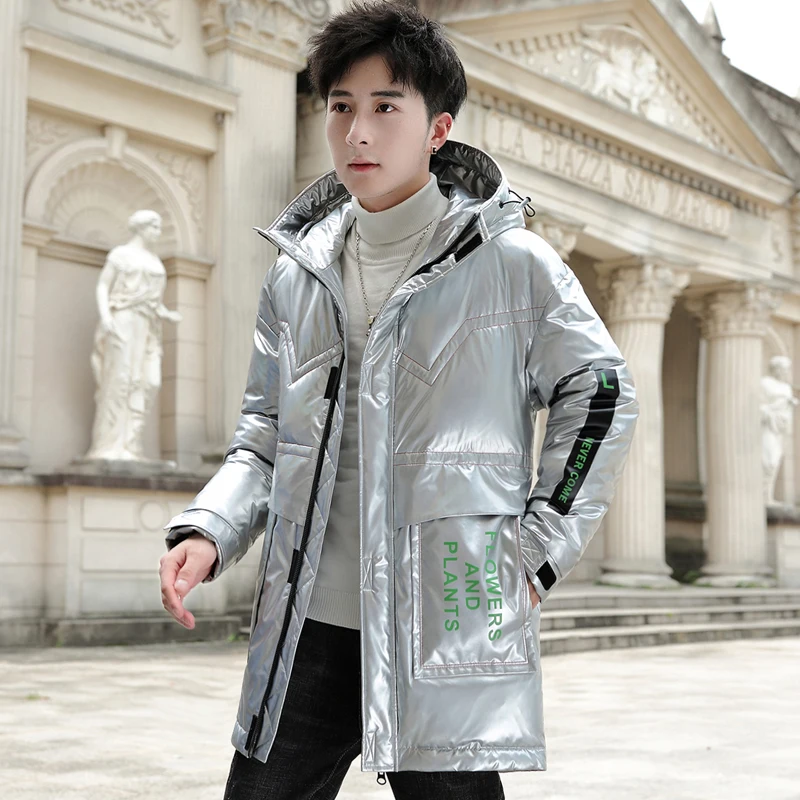 Fashion Mens 2022 Winter Casual Glossy Hooded White Duck Down Jacket Thick Warm Outwear Shiny Long Down Coat Youth Parka Clothes