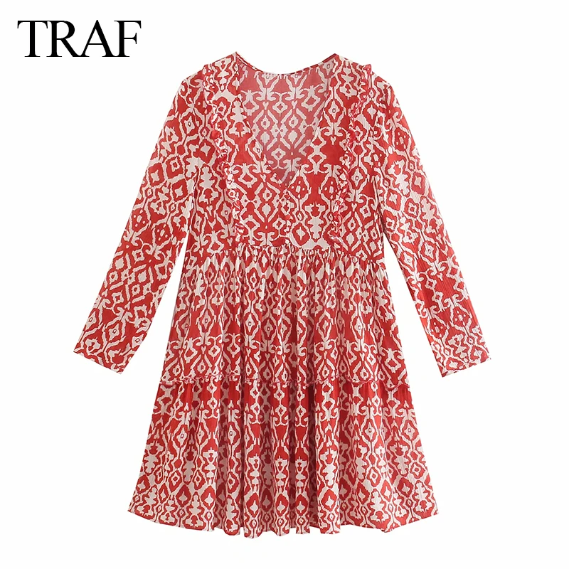 

TRAF Woman’s Dress Fashion Za Print Mini Red Dress Women Long Sleeve Ruffle Short Summer Dresses Ruched Vintage Casual Dresses