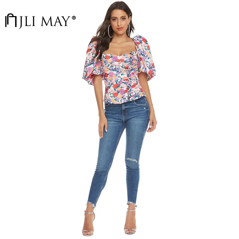 

JLI MAY Women's Blouses Vintage Square Collar Large Puff Sleeve Backless Bow Bandage Slim Pleats Summer Elegant Shirts
