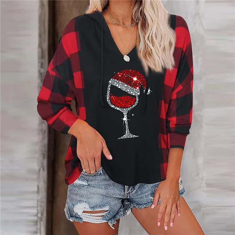 

2021 Autumn Plaid Patchwork Sweatshirt Women Hooded Christmas Print Top Fashion V-Neck Lady Pullovers Loose Casual Hoodie Winter