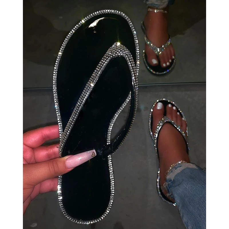 

2020 Women's Sexy Slippers Handmade Rhinestone Bling Sandals Comfortable Flat Bottom Outdoor Beach Female Shoes Plus Size 34-43