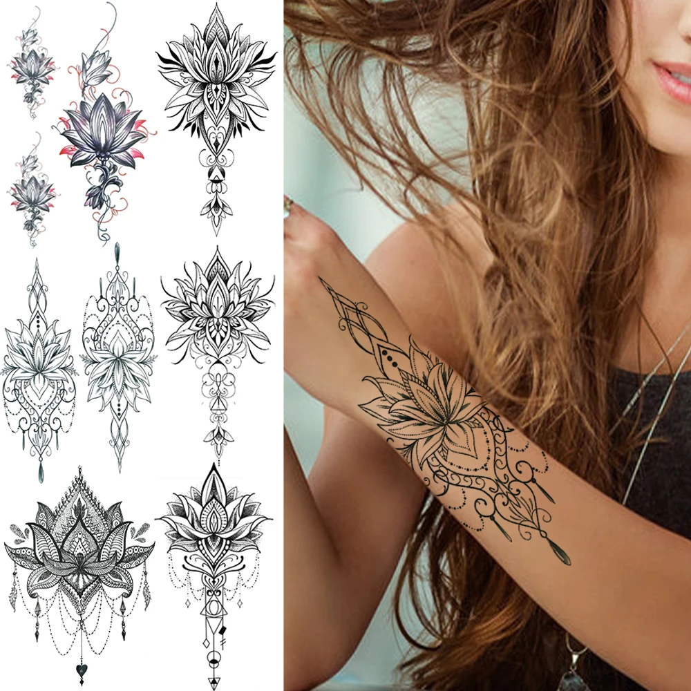 

Henna Lotus Temporary Tattoo For Women Fake Jewelry Chains Black Flower Body Art Abstract Tatoo Sticker Transfer Girl Tattoo