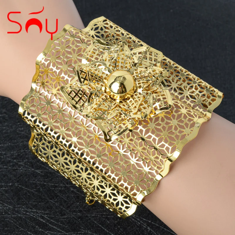 

Sunny Jewelry Fashion Copper Big Bangle Flower Style Gold Planted Adjustable For Women Bridal Wedding Gift Party Engagement