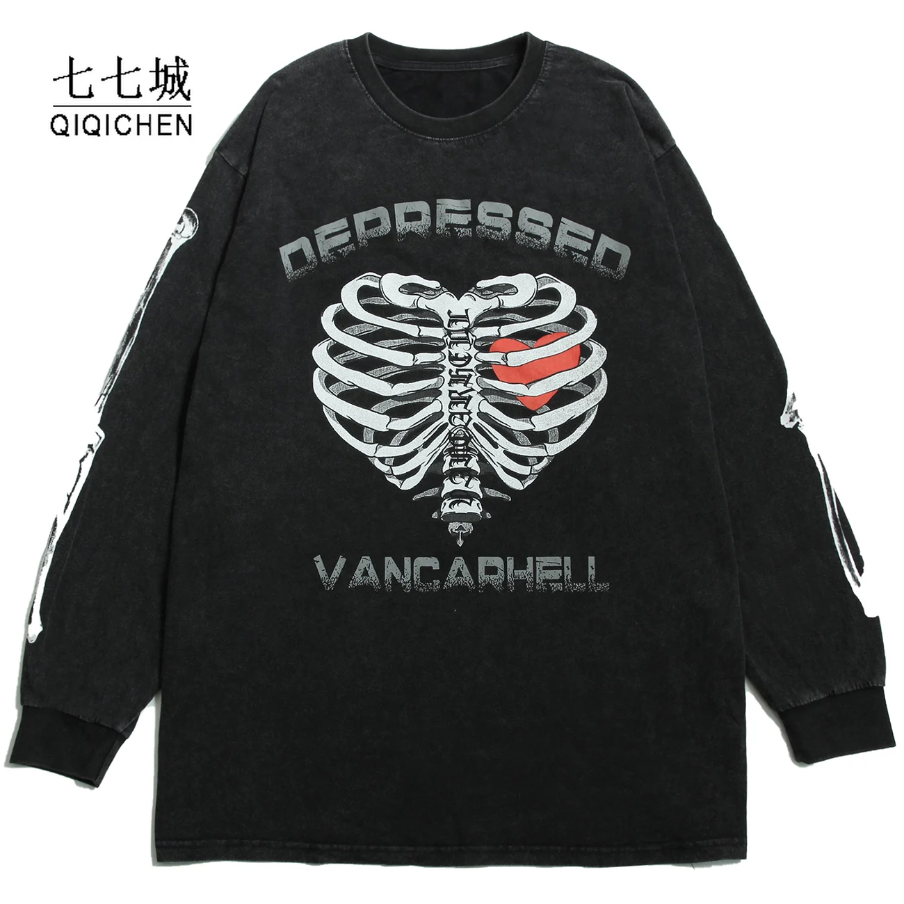 

Свитшот мужской, с принтом черепа, костяного сердца, потертый, винтажный, Повседневный, с длинным рукавом, в стиле хип-хоп, панк, 2021