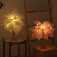 led remote control feather table lamp usb power warm light tree feather lampshade wedding home bedroom dinner party home decor