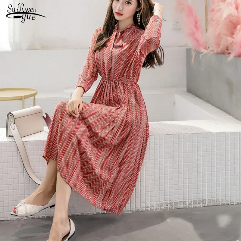 Осеннее шифоновое платье женское Плиссированное облегающее с длинным рукавом и