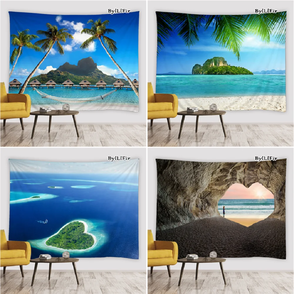 

Landscape Tapestry Ocean Beach Palm Tree Heart-Shaped Island Living Room Wall Hanging Bedroom Dorm Natural Scenery Tapestries