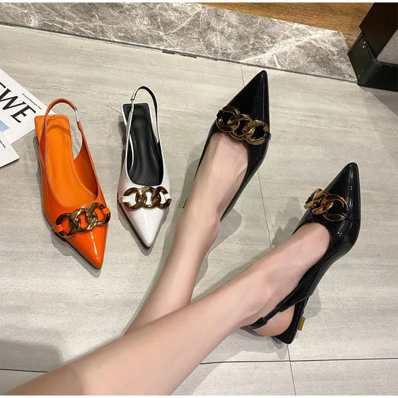 

Women Pump Pointed Toe Metal Chain Slip On Woman's Low Heels Stiletto Slingback PU Leather Solid Color Ladies Sandal Casual 2021